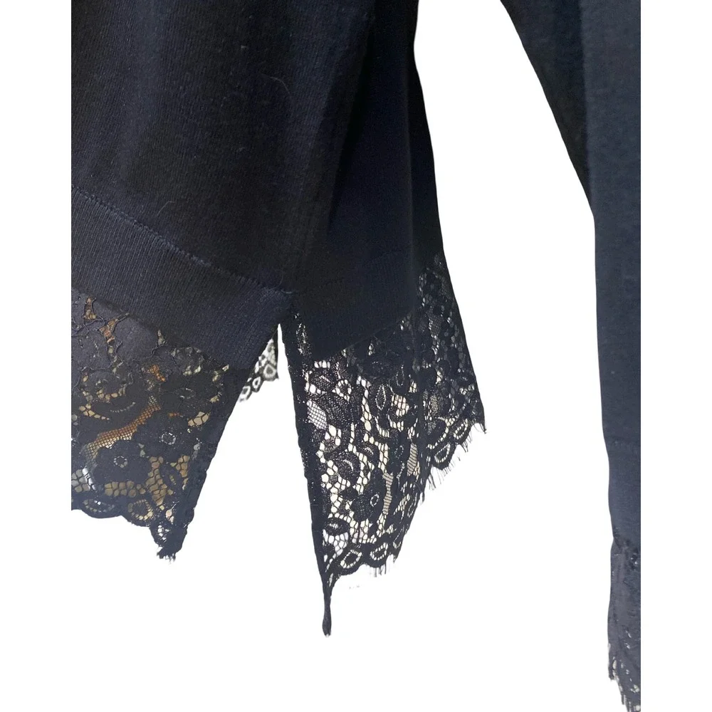 Adrianna Papell Black V-Neck Sweater with Lace Trim Size M Whimsigoth Witchy